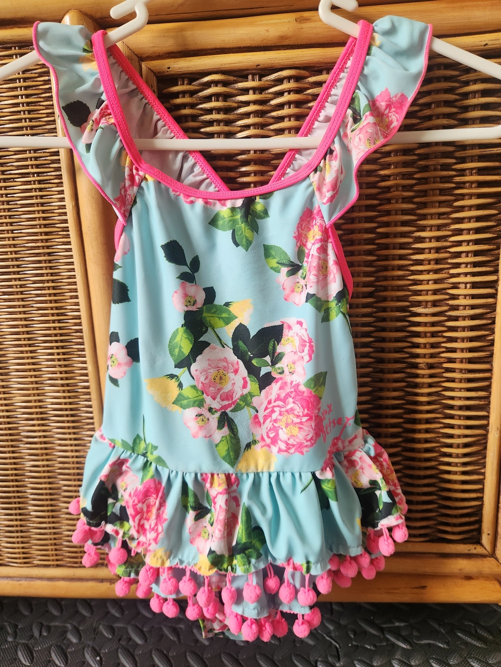Betsey Johnson Kids One-Piece Floral Swim - Aqua with Pink Trim Pom Poms